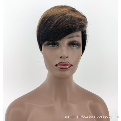 Aishili Short Synthetic Wig with Black Ombre Brown Straight Hair for Women